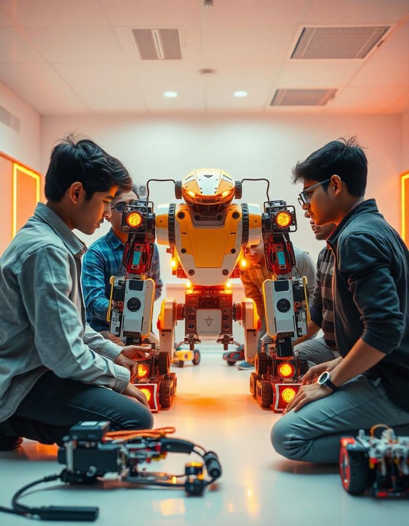 A group of Indian school students interacting with a humanoid robot in a classroom setting, with a transparent background.