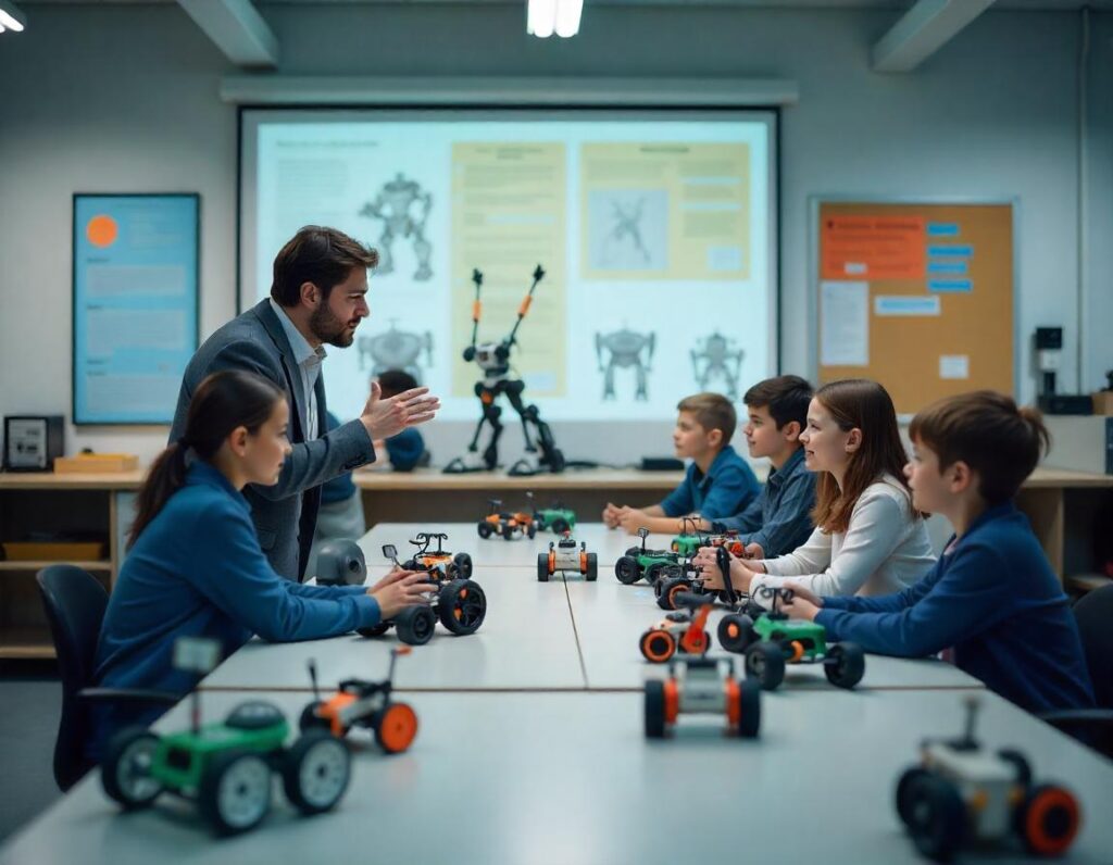Group of students and engineers collaborating in a robotics lab, assembling and programming robots
